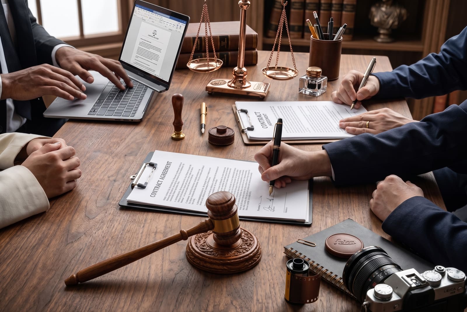 Advogados da Lira Azevedo assinando contrato em mesa de trabalho